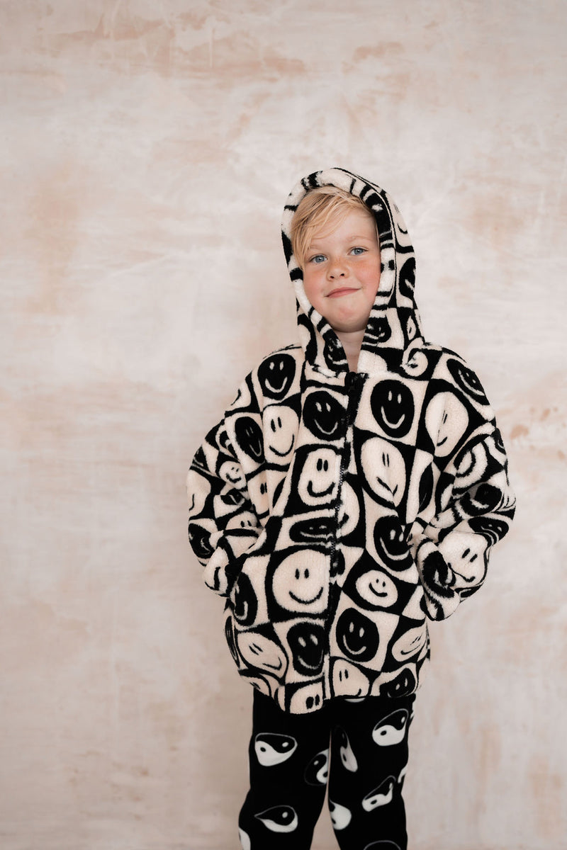 FACE CHECKERBOARD SHERPA KIDS FUNNEL COAT