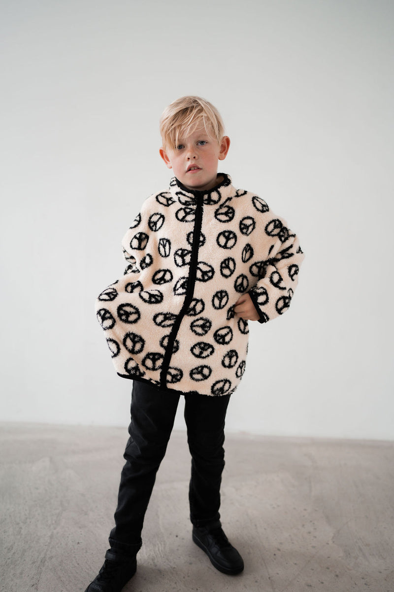 PEACE SIGN FLUFFY KIDS FUNNEL COAT